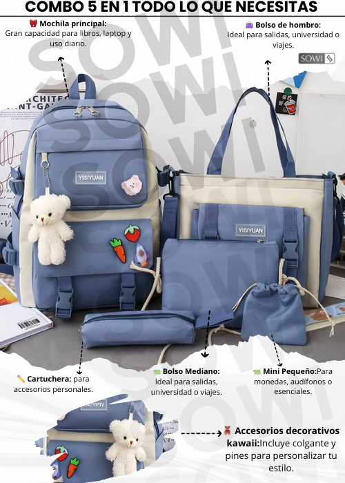 ✅ 🎒 Combo Kawaii 5 en 1 Súper Completo+ACCESORIOS 🫶