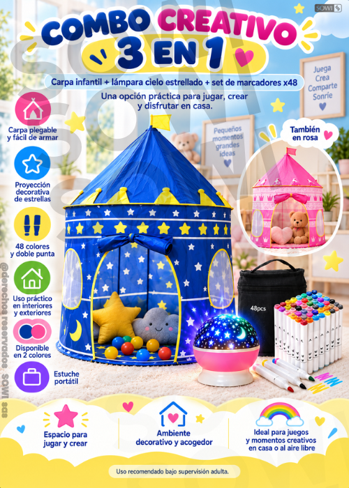 🎨🌟 Combo para Jugar y Crear: Carpa Infantil + Lámpara + Marcadores x48