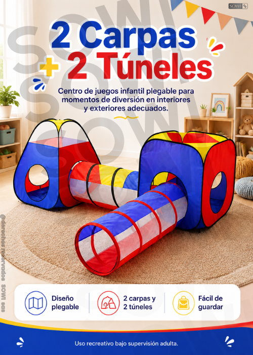 ⛺🎉 Set Infantil 4 en 1: 2 Carpas + 2 Túneles Plegables 🌈✨