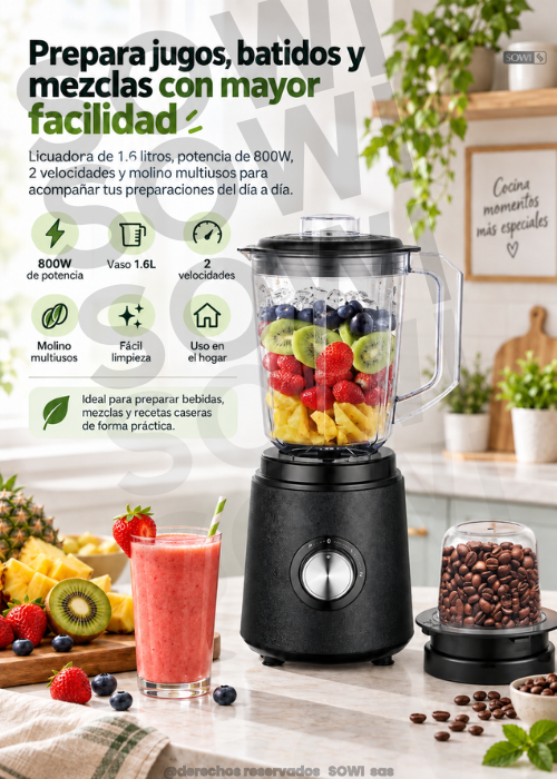🍹 Licuadora 1.6L + molino multiusos ⚡