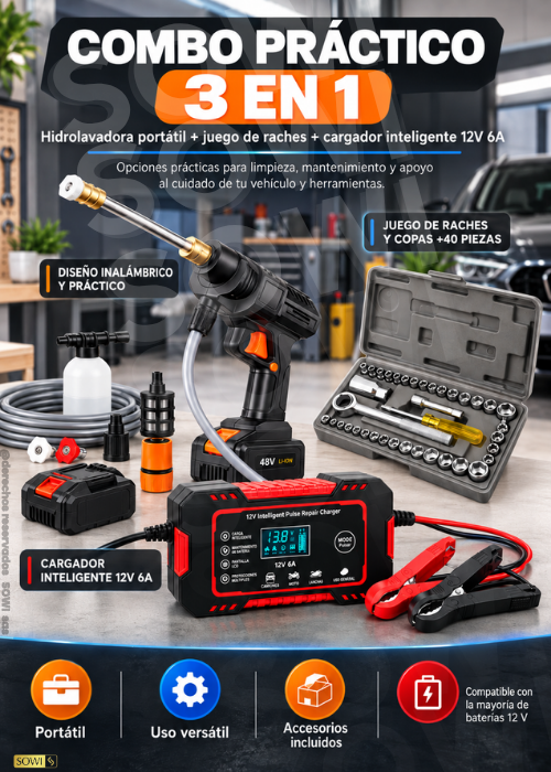 🛠️ Combo Práctico 3 en 1: Hidrolavadora + Raches y Copas + Cargador 12V 6A