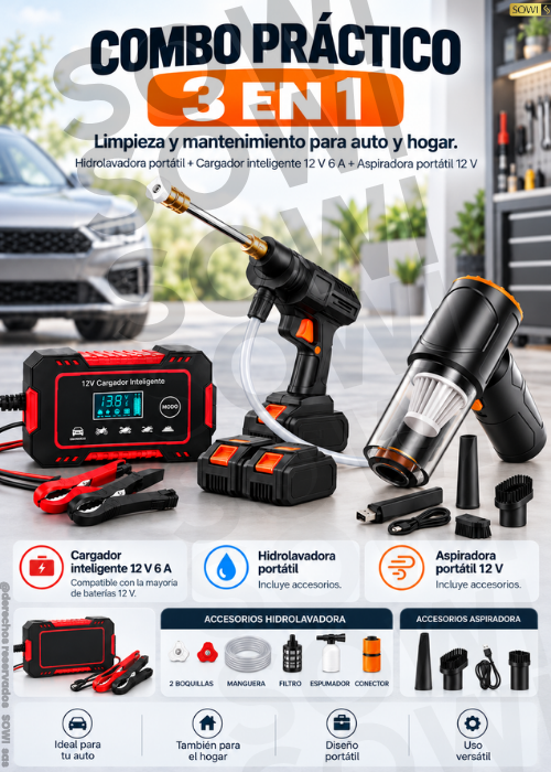 🚗 Combo Práctico 3 en 1: Hidrolavadora + Cargador 12V 6A + Aspiradora 12V