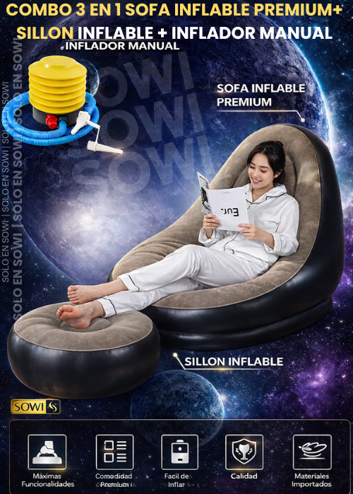 COMBO 3 EN 1 SOFA INFLABLE PREMIUM+ SILLON INFLABLE + INFLADOR MANUAL