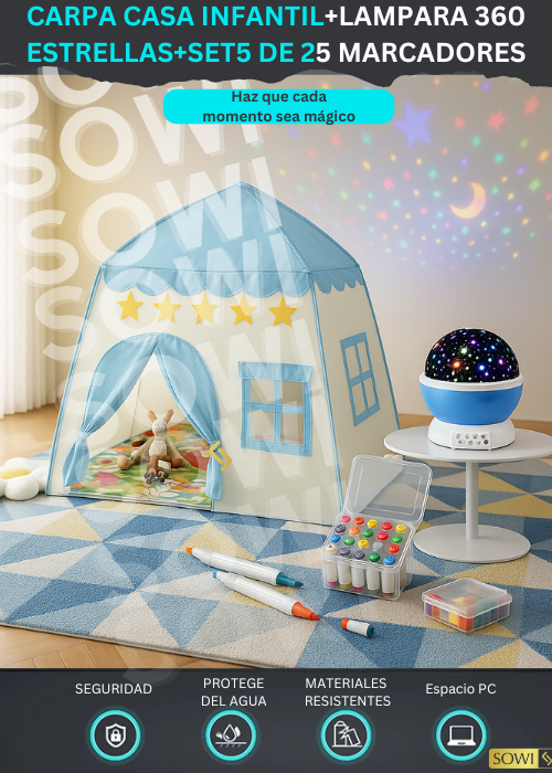 CARPA CASA INFANTIL+LAMPARA 360 ESTRELLAS+SET5 DE 25 MARCADORES😍