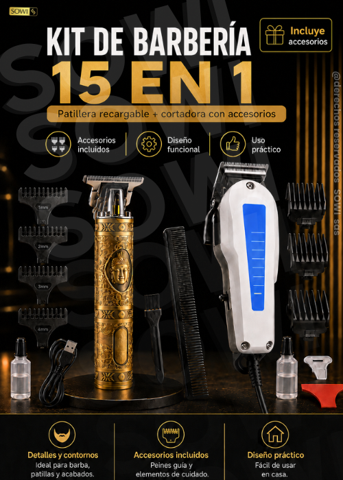 😍 Kit de Barbería 9 en 1: Máquina de Corte + Patillera + Accesorios.😍