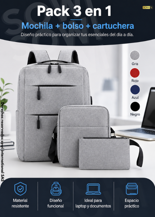 🎒 Pack 3 en 1 Mochila + bolso + cartuchera