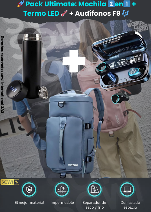 🚀 Pack Ultimate: Mochila 2️⃣en1️⃣ + Termo LED 🌡️ + Audífonos F9 🎶