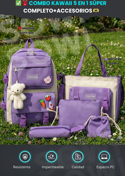 ✅ 🎒 Combo Kawaii 5 en 1 Súper Completo+Accesorios 🫶