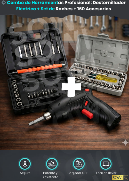 ⚙️ Combo de Herramientas Profesional: Destornillador Eléctrico + Set de Raches + 160 Accesorios