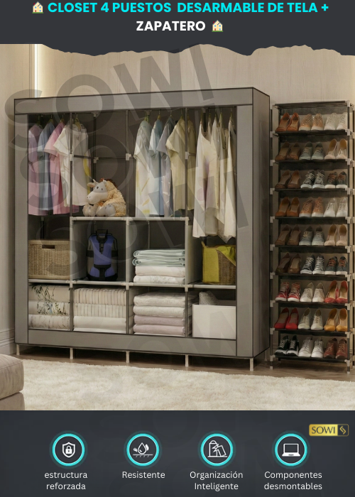 🏠 CLOSET 4 PUESTOS DESARMABLE DE TELA + ZAPATERO 🏠