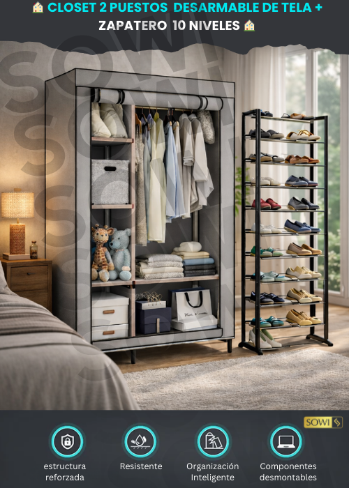 🏠 CLOSET 2 PUESTOS  DESARMABLE DE TELA + ZAPATERO  10 NIVELES 🏠