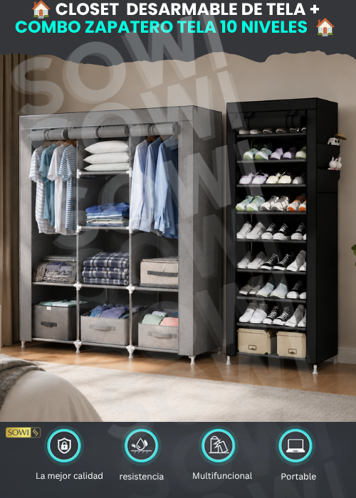 🏠 CLOSET  DESARMABLE DE TELA +  COMBO ZAPATERO TELA 10 NIVELES  🏠