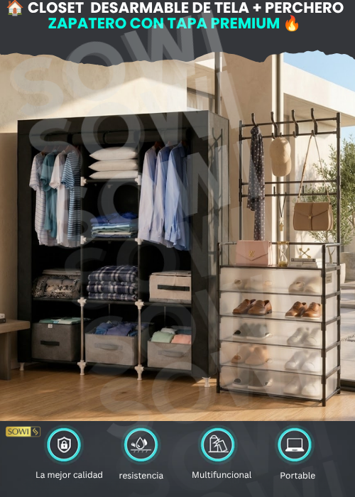 🔥🏠 CLOSET  DESARMABLE DE TELA + PERCHERO ZAPATERO CON TAPA PREMIUM 🔥