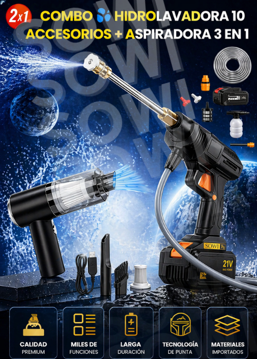 💦COMBO HIDROLAVADORA 10 ACCESORIOS + ASPIRADOR MULTIUSOS