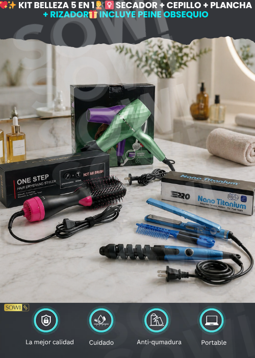 💖✨ KIT BELLEZA 5 EN 1 💇‍♀️ One Step + Secador + Cepillo + Plancha + Rizador/🎁