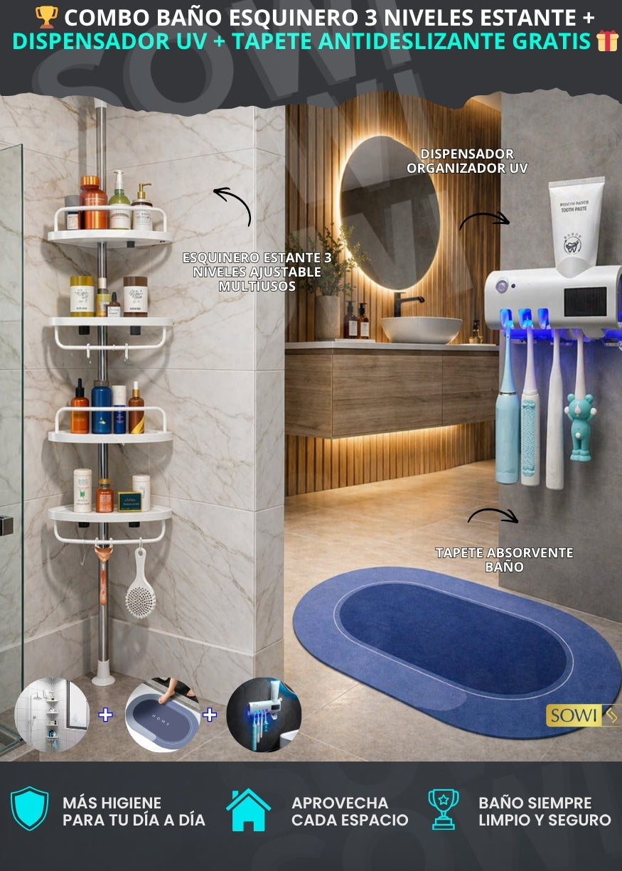 Combo Baño esquinero 3 niveles Estante + Dispensador UV + Tapete Antideslizante Gratis 🎁