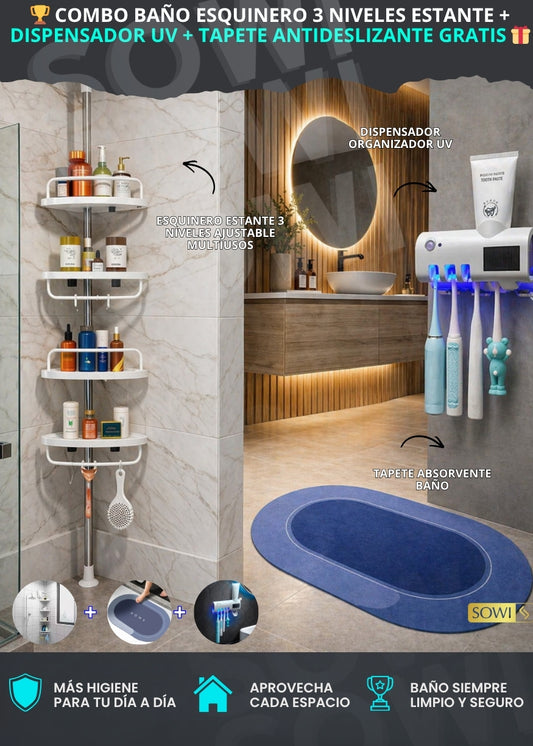 Combo Baño esquinero 3 niveles Estante + Dispensador UV + Tapete Antideslizante Gratis 🎁