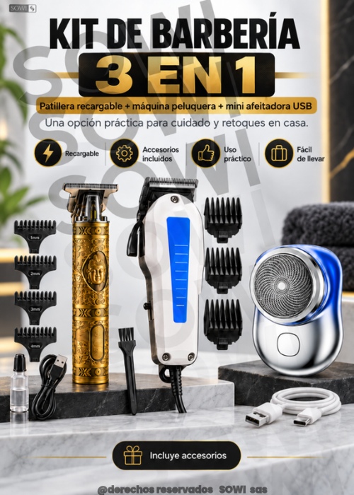 💈 Kit de Barbería 3 en 1: Patillera + Máquina Peluquera + Mini Afeitadora USB